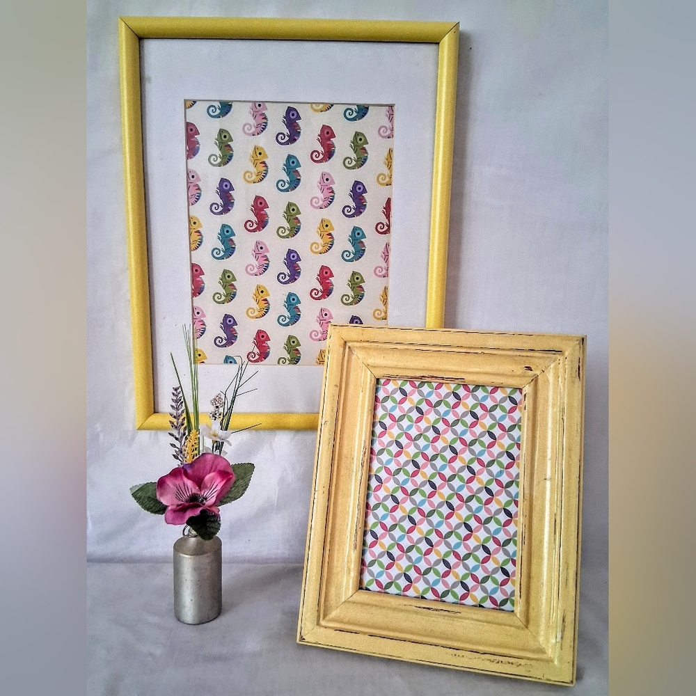 Two Wooden Yellow Picture Frames - Wall Hanging w/ Mat -1 w/ Stand